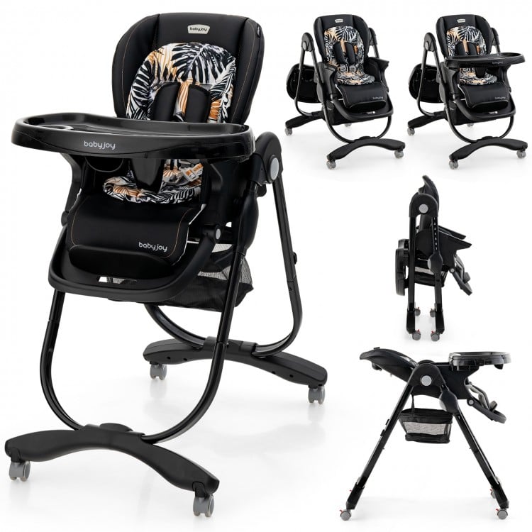 Multifunctional black baby high chair featuring a cozy removable cushion, multiple backrest positions, and a folding.