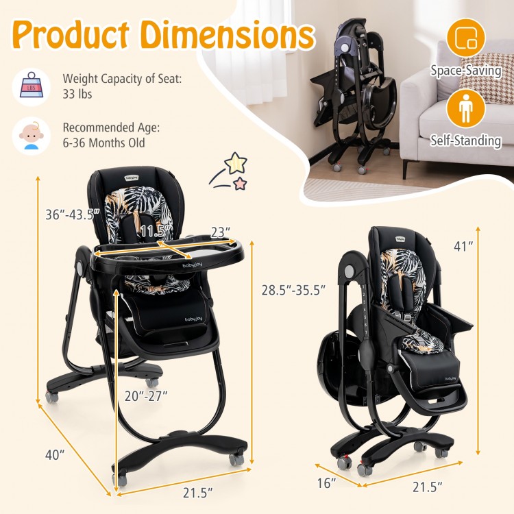 Multifunctional folding baby high chair in black with 7 adjustable heights and a cozy removable cushion for comfort.