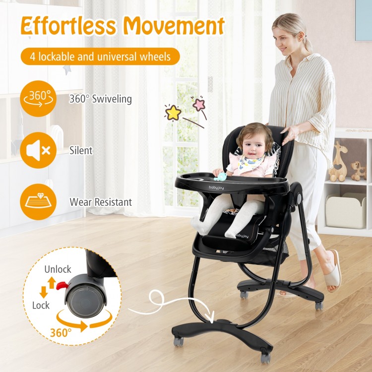 Multifunctional folding baby high chair in black with adjustable height, removable tray, and 360° swiveling wheels for.