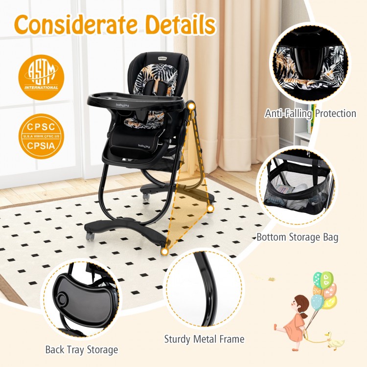 Multifunctional folding baby high chair in black with adjustable height, removable tray, and convenient bottom storage.