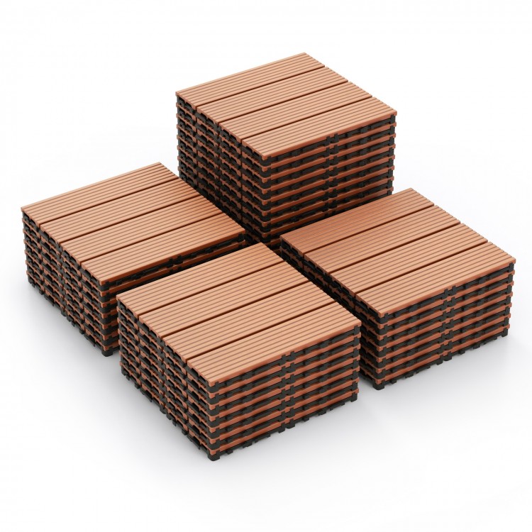 Stack of 18 interlocking 12 x 12 inch brown deck tiles, featuring a slatted design for drainage and weather resistance.