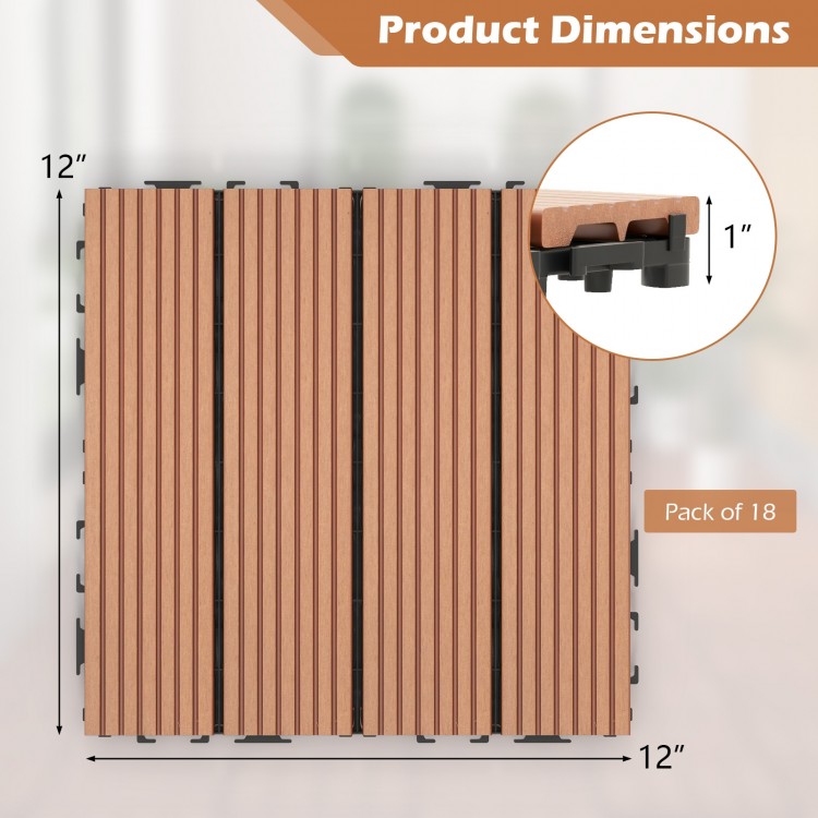 12 x 12 inch interlocking deck tiles in brown, pack of 18, featuring a slatted design for efficient drainage and.