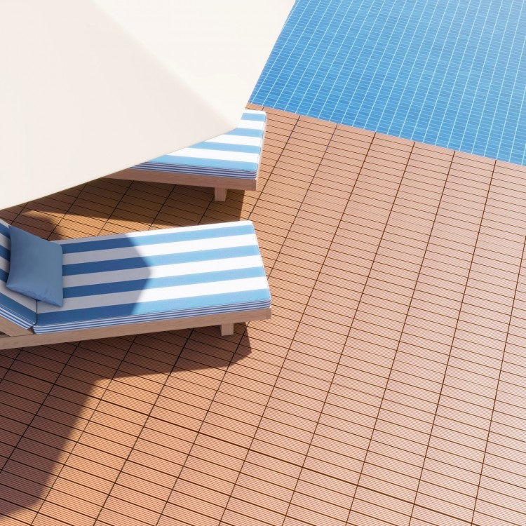 Interlocking 12 x 12 inch brown deck tiles with anti-slip surface, ideal for outdoor patios and decks.