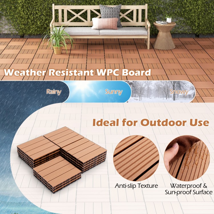 Interlocking 12x12 inch brown deck tiles with anti-slip texture, ideal for outdoor use and easy installation.