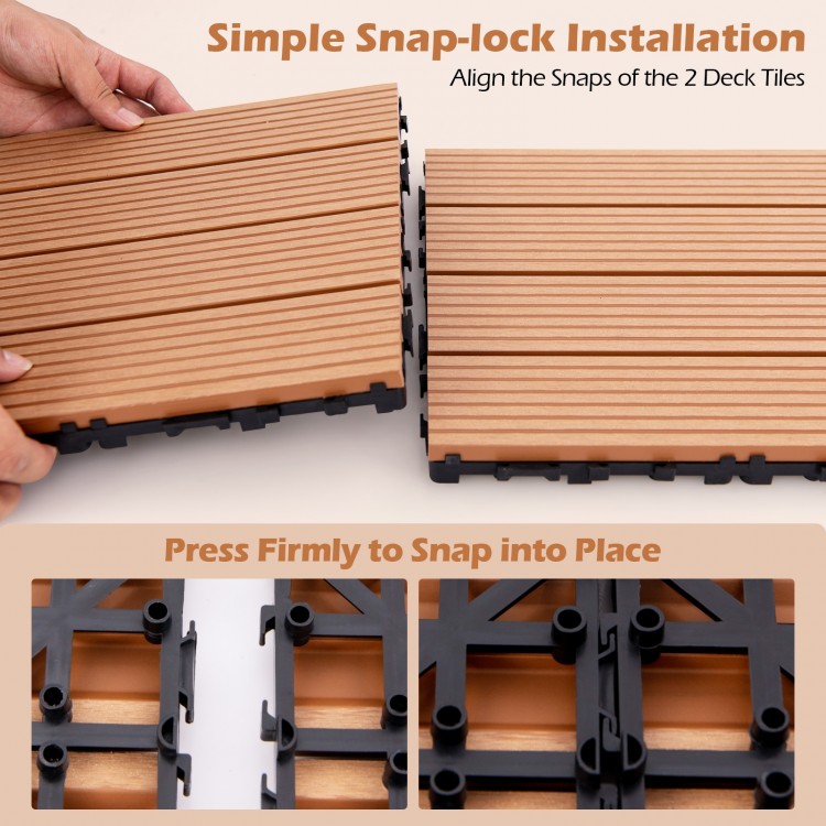 Interlocking deck tiles showing simple snap-lock installation, brown weather-resistant material for outdoor use.