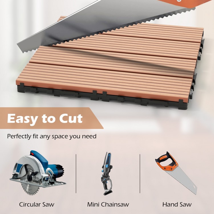 Interlocking deck tiles in brown, easy to cut for custom fitting, ideal for patios and outdoor spaces.