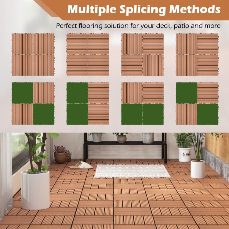 Interlocking deck tiles in brown, showcasing multiple splicing methods for easy installation on patios and decks.