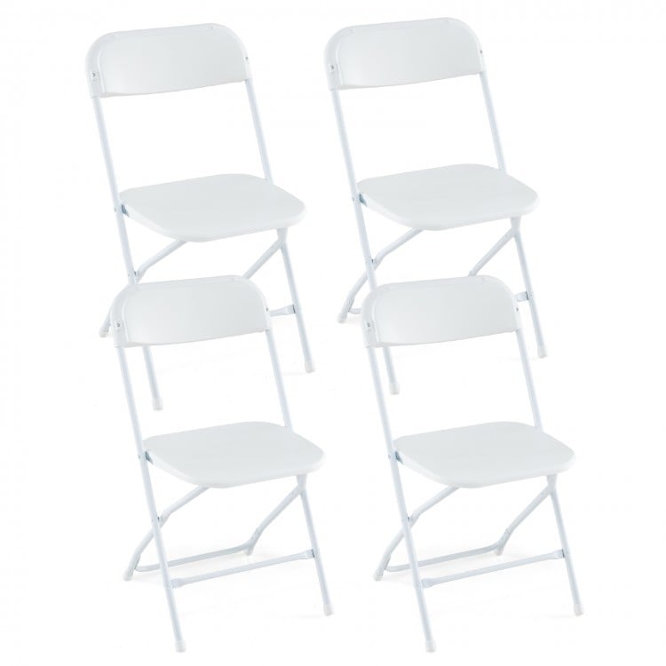 Four white metal folding chairs with plastic seats, designed for easy storage and suitable for various events.