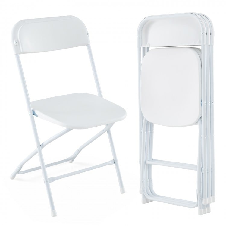 White metal folding chair with plastic seat, showcasing a stacked design for easy storage and portability. Ideal for.