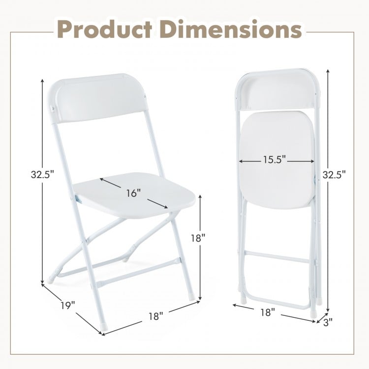 Product dimensions of 4 pack metal folding chairs with white plastic seats, showcasing size details for easy storage.