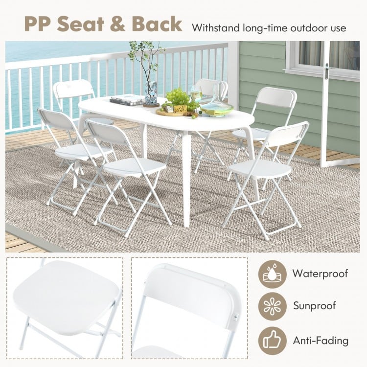Four white metal folding chairs with PP seats and backs, ideal for outdoor use, weddings, and easy storage.
