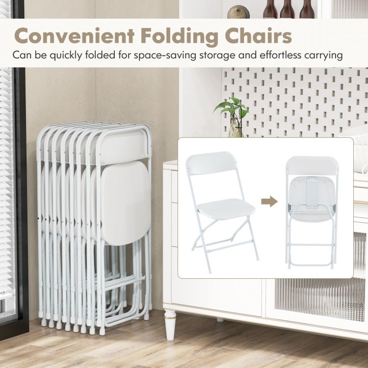 Stacked metal folding chairs with white plastic seats, ideal for home and events, featuring a quick folding design for.