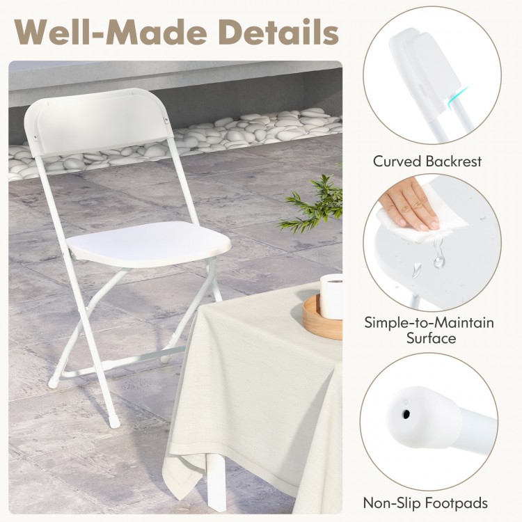 White metal folding chair with curved backrest, simple-to-maintain surface, and non-slip footpads for stability.