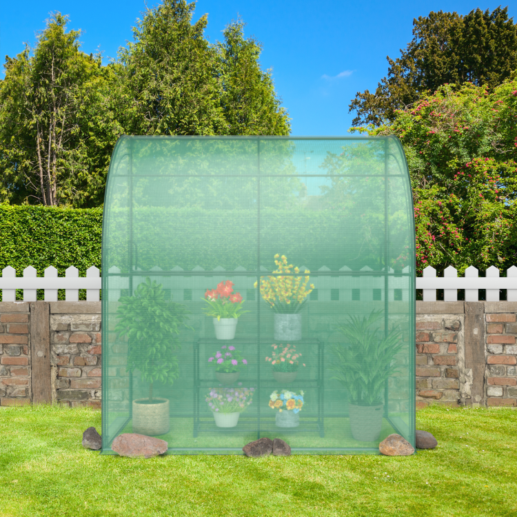 Lean-to greenhouse with flower rack, 7 x 3.5 x 7 feet, featuring a PE cover for sun protection and ventilation.