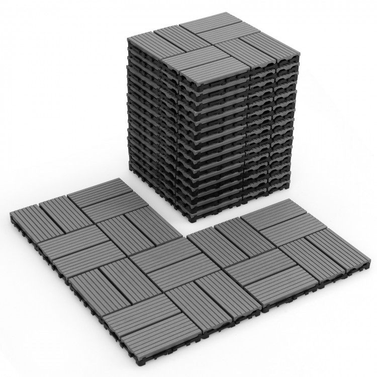 Gray interlocking deck tiles, 12 x 12 inches, featuring a textured surface for safety and efficient drainage for.