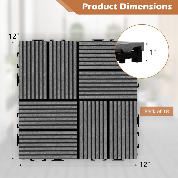 Interlocking deck tiles in gray, 12x12 inches, pack of 18, featuring a textured surface for outdoor use and drainage.