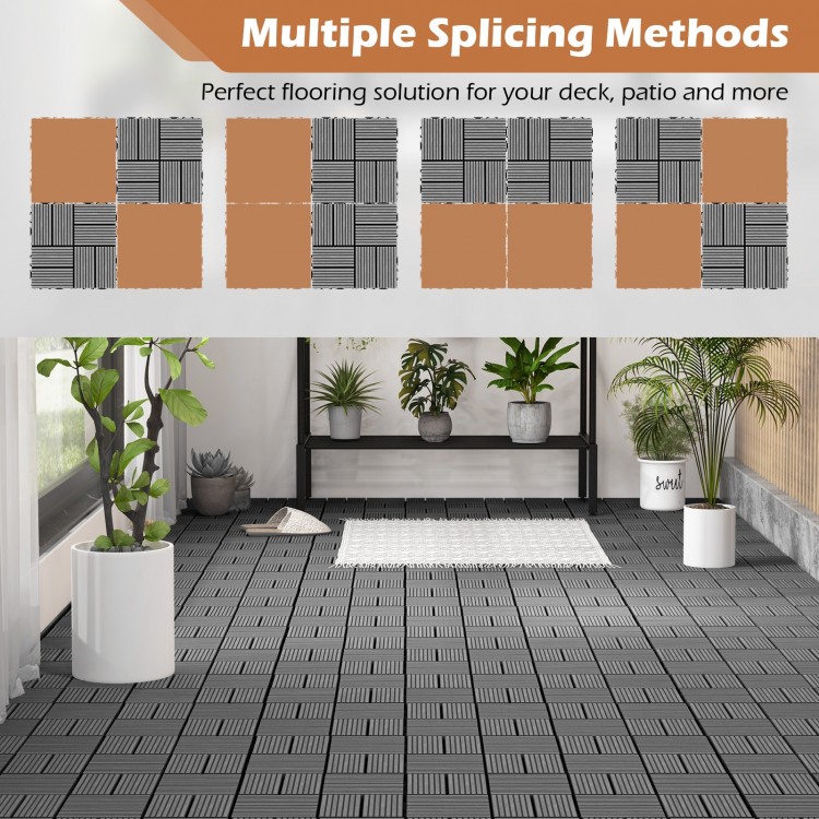 Gray interlocking deck tiles in a slatted design, perfect for outdoor patios, offering weather resistance and easy.