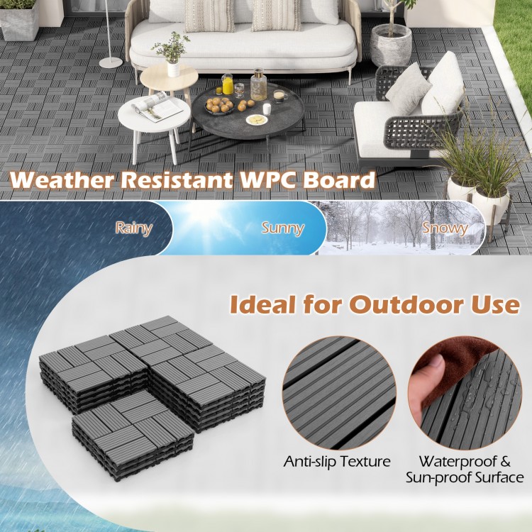 Gray interlocking deck tiles, 12 x 12 inches, featuring an anti-slip texture, ideal for outdoor patios and decks.