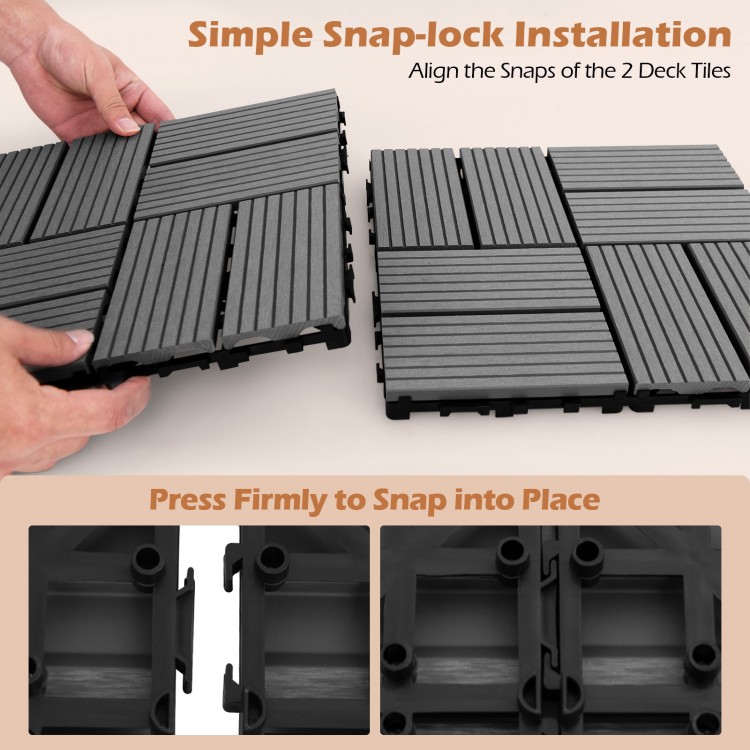Interlocking deck tiles in gray showing snap-lock installation process, perfect for outdoor patios and decks.