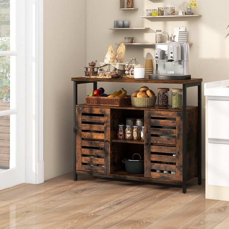 Buffet cabinet with rustic brown wood grain finish, featuring slatted doors and three adjustable shelves for kitchen.