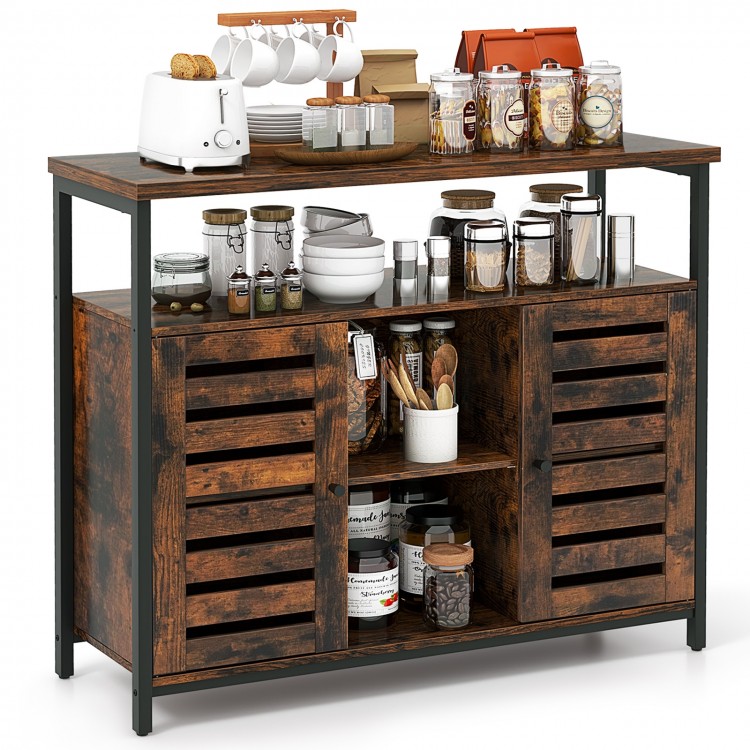 Buffet cabinet in rustic brown with slatted doors, featuring 3 adjustable shelves for kitchen storage and organization.