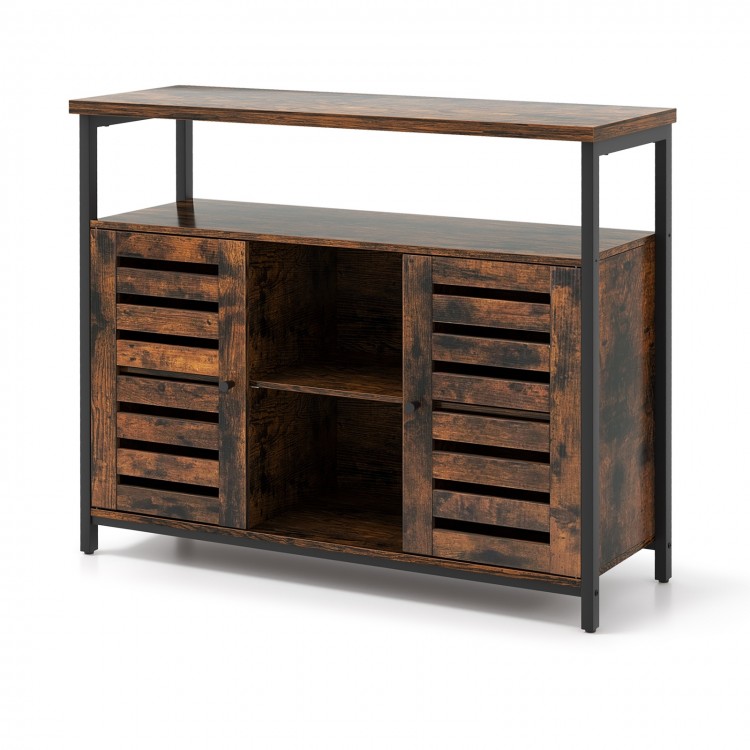 Buffet cabinet with slatted doors in rustic brown, featuring 3 adjustable shelves for versatile storage solutions.