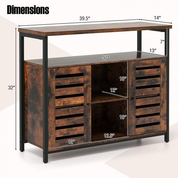 Buffet cabinet with slatted doors, rustic brown finish, featuring 3 adjustable shelves for versatile storage solutions.