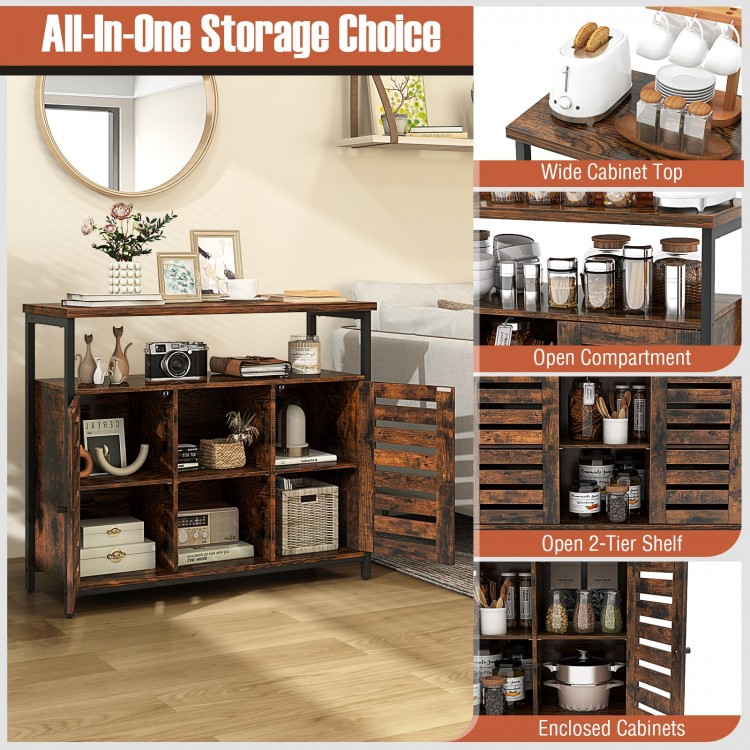 Buffet cabinet with slatted door, rustic brown finish, featuring adjustable shelves for versatile storage solutions.