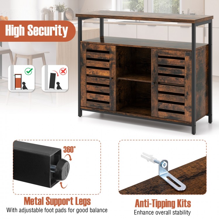 Buffet cabinet with slatted door in rustic brown, featuring adjustable shelves and anti-tipping kits for safety.