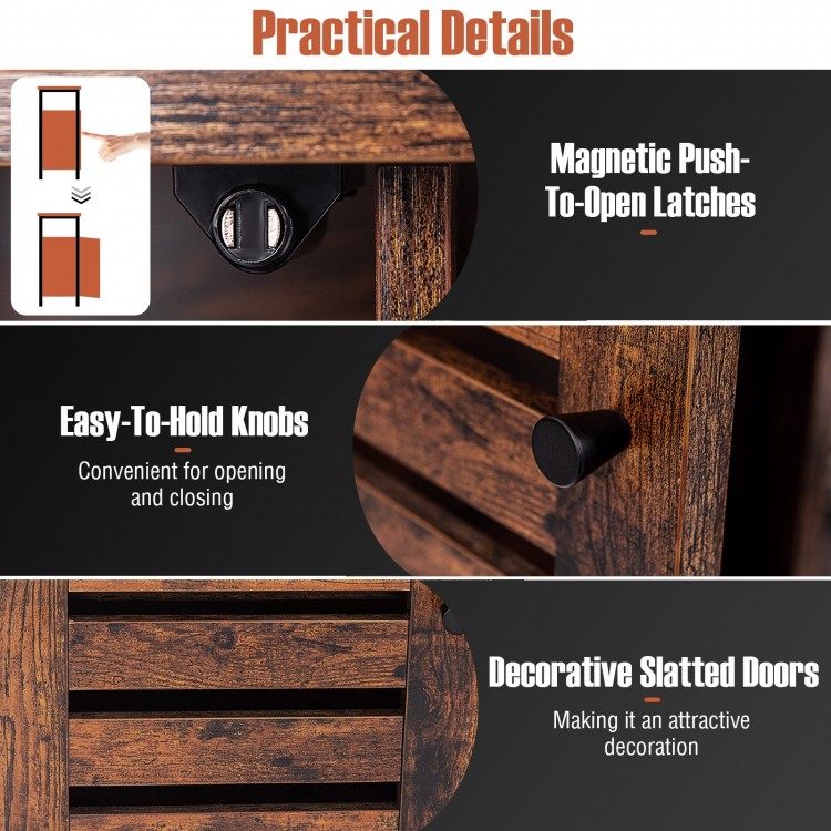 Buffet cabinet with slatted door, rustic brown finish, featuring magnetic push-to-open latches and adjustable shelves.