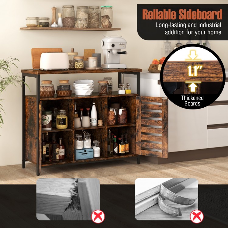 Buffet cabinet with rustic brown finish, featuring adjustable shelves and louvered door for ample kitchen storage.