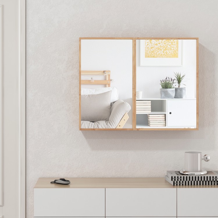 Double door bathroom wall cabinet with mirror, natural bamboo finish, and adjustable shelves for stylish storage.