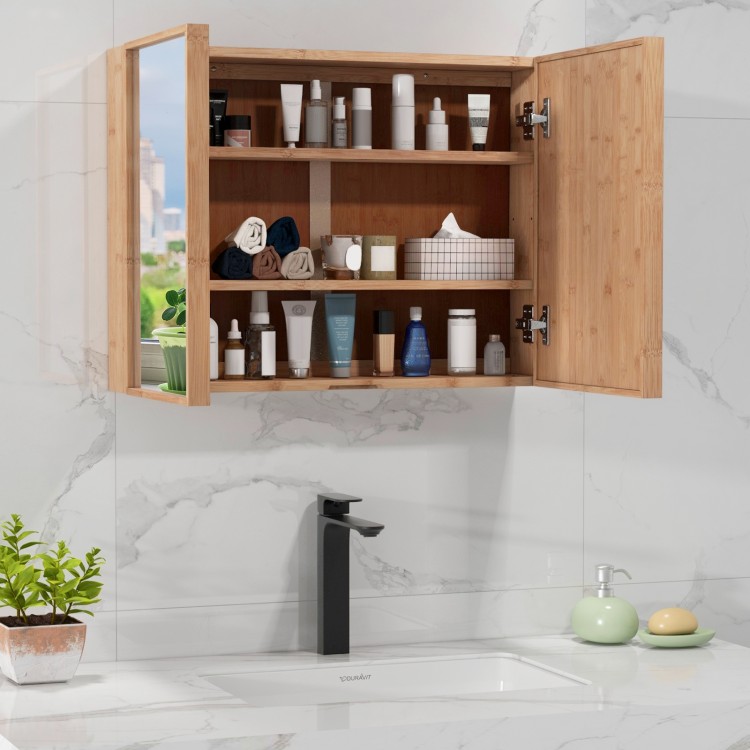 Double door bathroom wall cabinet in natural bamboo with adjustable shelves and mirrored doors for stylish storage.