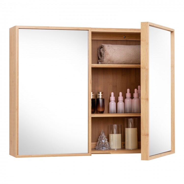 Double door bathroom wall cabinet in natural bamboo with mirrors and adjustable shelves for practical storage.