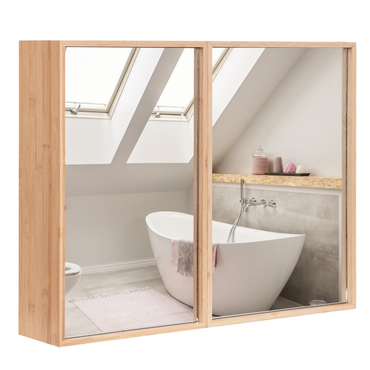 Double door bathroom wall cabinet with mirror, natural bamboo finish, adjustable shelves for practical storage.