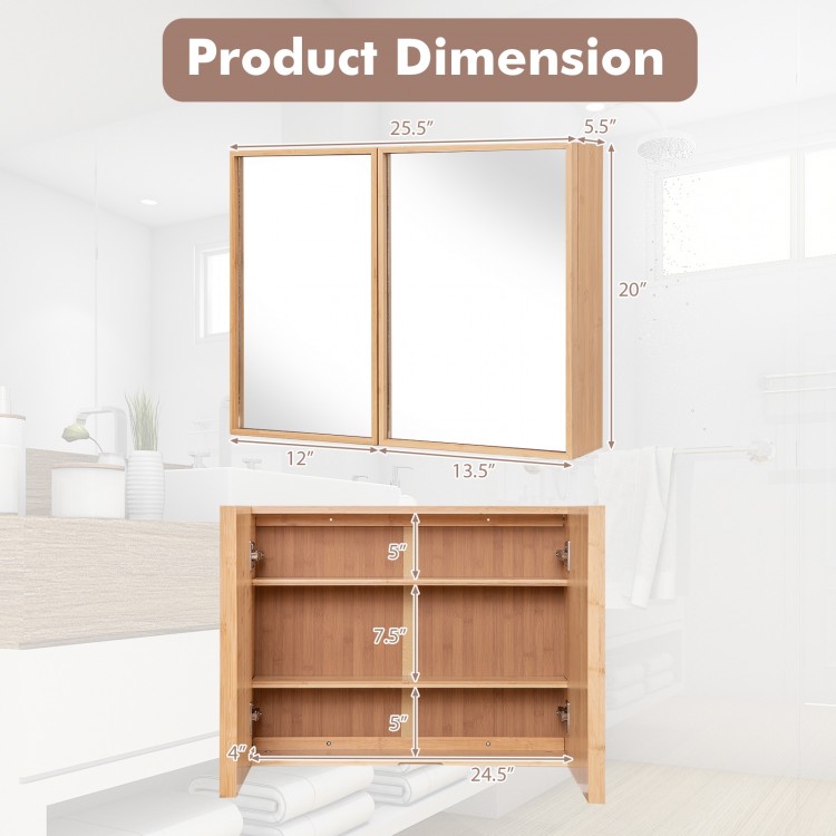 Double door bathroom wall cabinet with mirror, natural bamboo finish, featuring adjustable shelves for versatile.