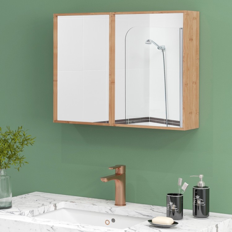 Double door bathroom wall cabinet with mirror, natural bamboo finish, adjustable shelves, and soft-close hinges for.