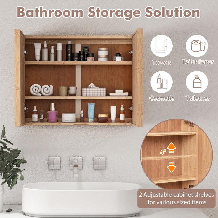Double door bathroom wall cabinet with adjustable shelves and mirrored doors, designed for efficient wall-mounted.