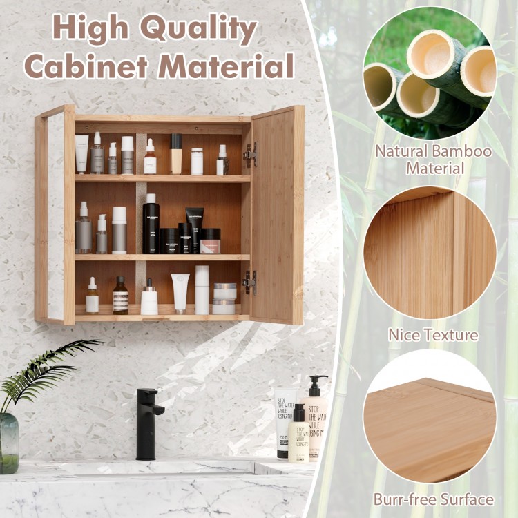 Double door bathroom wall cabinet showcasing the natural bamboo texture and soft-close hinges for a modern aesthetic.