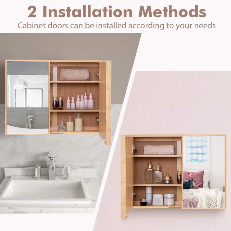 Double door bathroom wall cabinet with mirror, featuring adjustable shelves and natural bamboo finish for stylish.