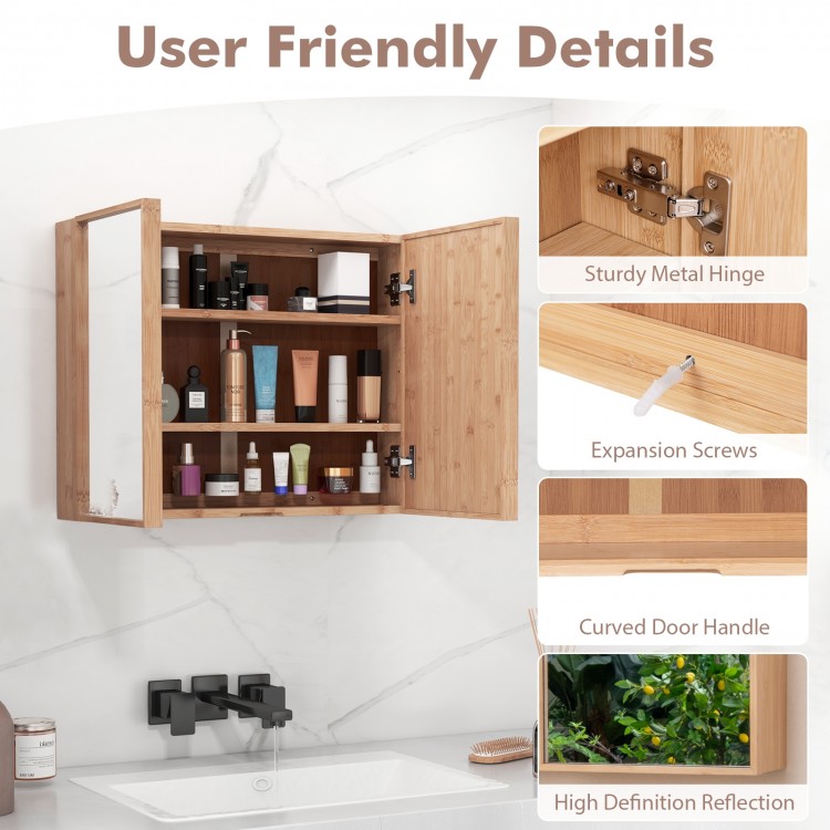 Double door bathroom wall cabinet with recessed handle, showcasing natural bamboo finish and soft-close hinges for.