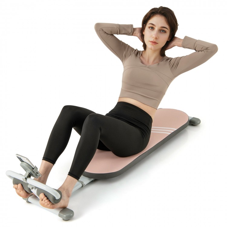 Multifunctional sit-up bench in pink with adjustable angles, featuring a high-density cushion for comfortable workouts.