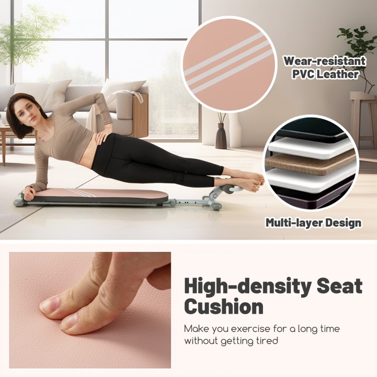 Multifunctional pink sit-up bench with adjustable angles, high-density cushion, and foldable design for compact storage.