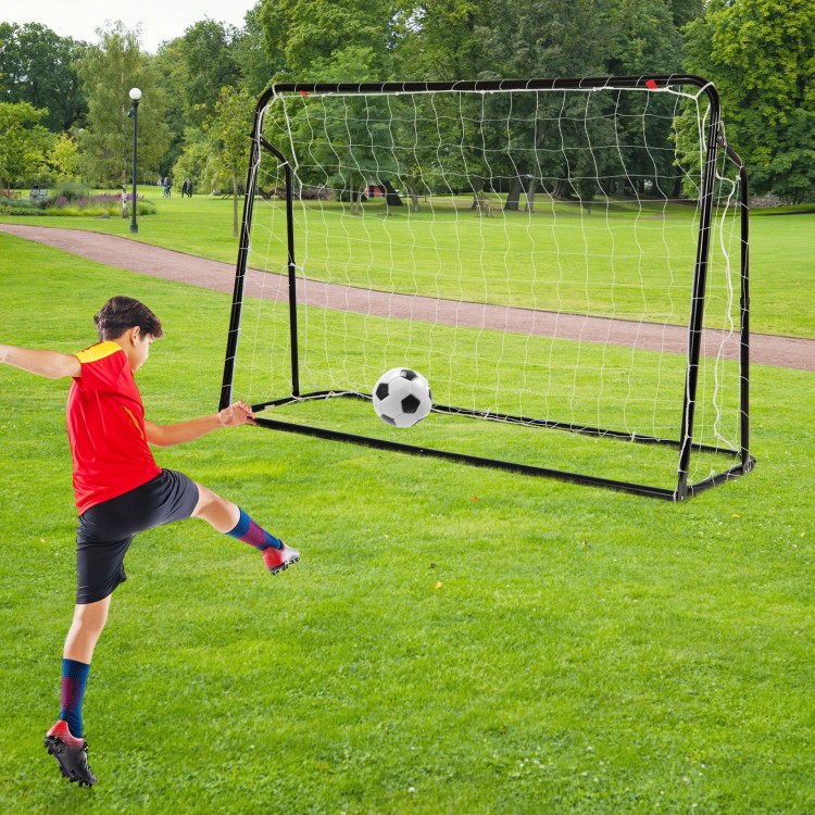 Kids soccer rebounder and goal in black, adjustable height 40"-48", perfect for outdoor play and practice.