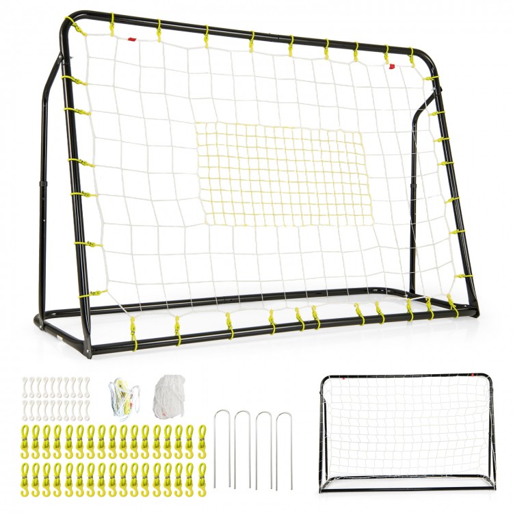 Adjustable 2-in-1 kids soccer rebounder and goal in black, featuring a sturdy frame and weather-resistant net for.