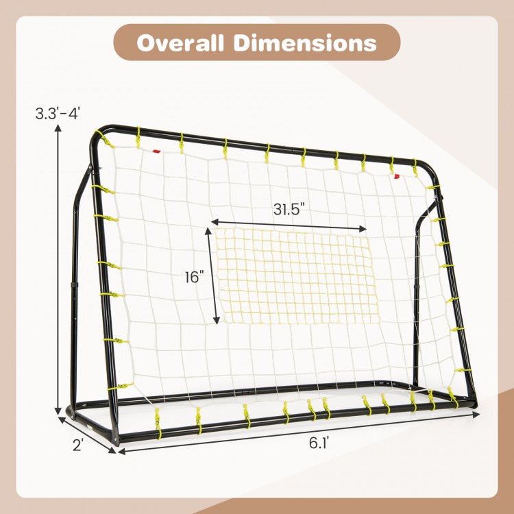 Adjustable height soccer goal and rebounder with dimensions 6.1' x 2' x 3.3'-4', ideal for outdoor play.