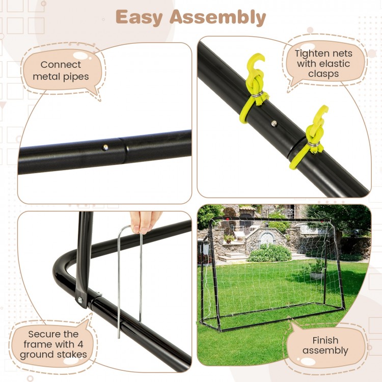 Easy assembly of the 2-in-1 kids soccer rebounder and goal with adjustable height and secure ground stakes for outdoor.