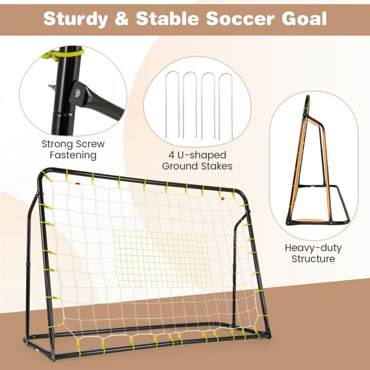 Adjustable 2-in-1 kids soccer goal and rebounder in black with sturdy frame and weather-resistant net for outdoor play.