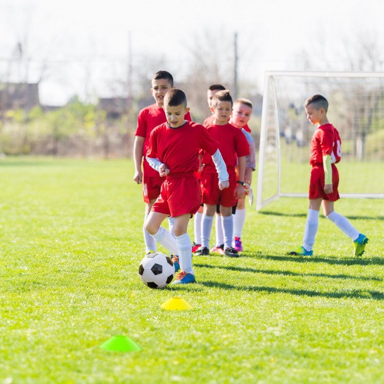 Youth soccer players practice with a ball and cones near a weather-resistant 8 x 6 Ft soccer goal on a sunny field.