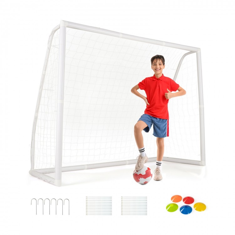 8 x 6 Ft weather-resistant soccer goal with ground stakes, featuring a child posing with a soccer ball and agility.
